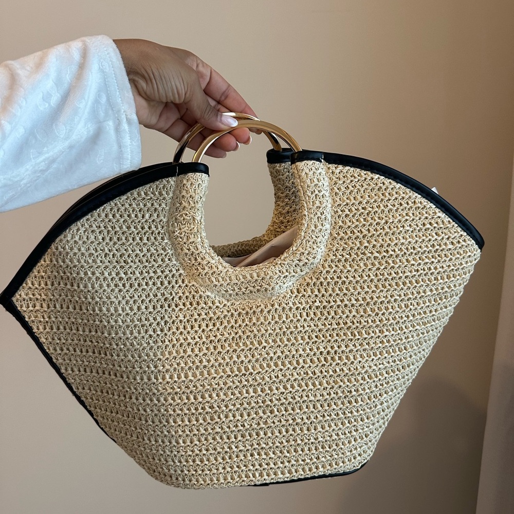 Lulu's Chic Cream Woven Tote with Black Accents